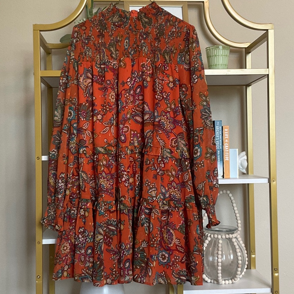 Fate Floral Tiered Mini Dress in Rust Orange and Teal